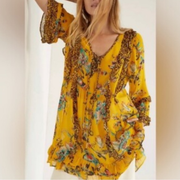 Anthropologie Tops - Anthropologie Breezy Sheer Tunic Women Small Yellow Floral Boho Top Blouse XS